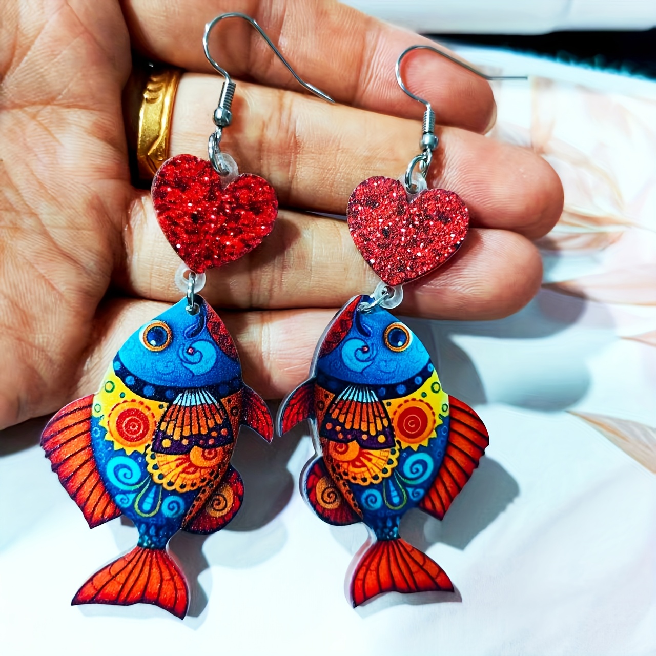 Women's Handmade Iridescent Fish and Heart Pendant Drop Earrings